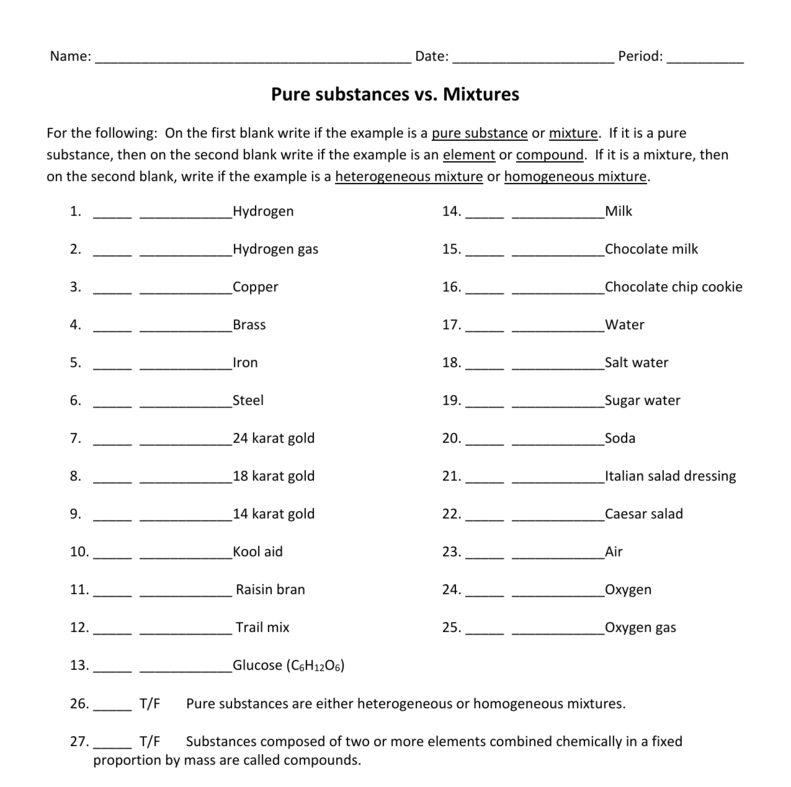 Pure Substances Vs Mixtures Worksheet – The Educational Institute Of ...